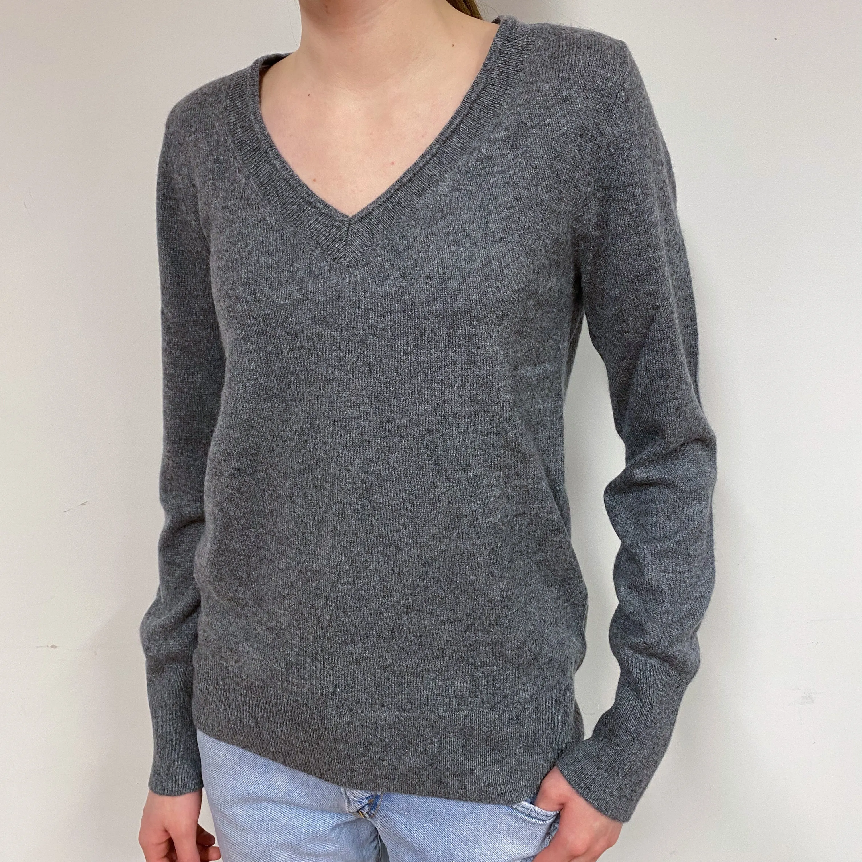Steel Grey Cashmere V-Neck Jumper Extra Small