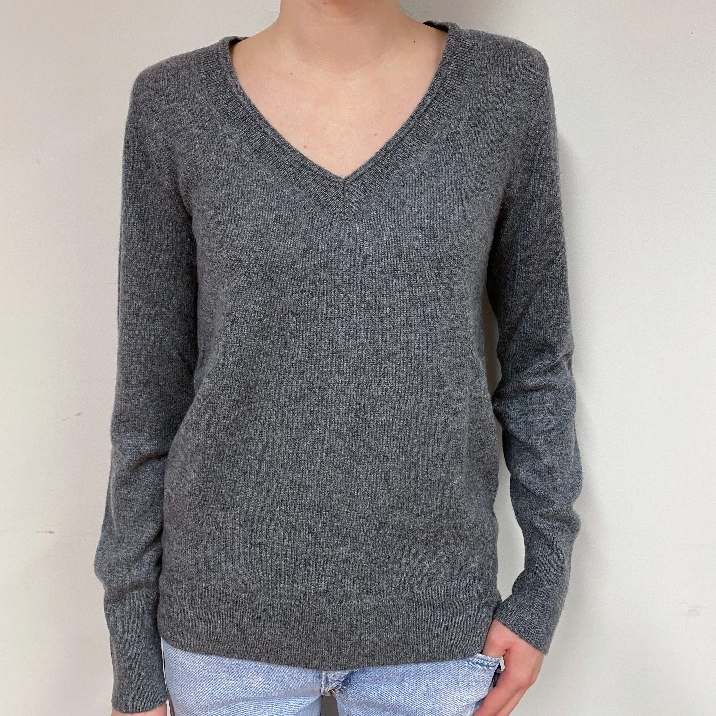 Steel Grey Cashmere V-Neck Jumper Extra Small