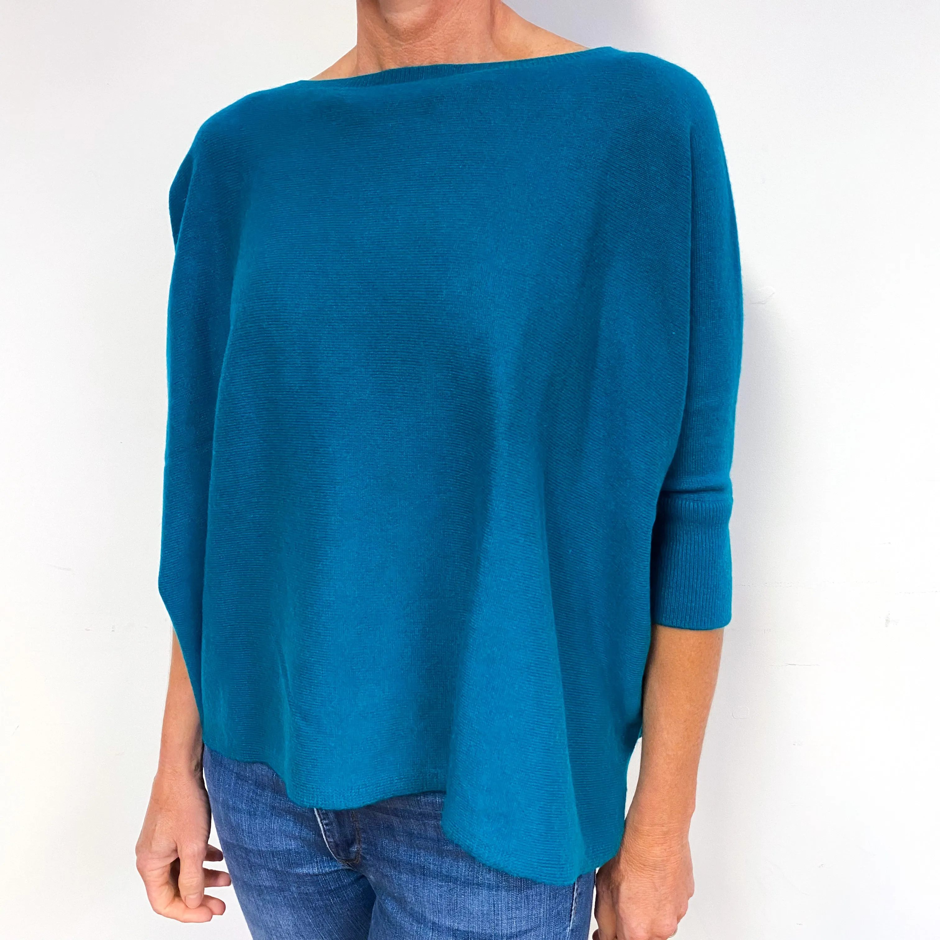Teal Blue 3/4 Sleeve Cashmere Boat Neck Jumper Medium